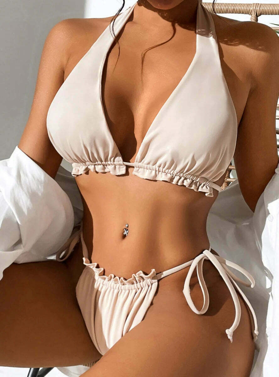 Y2K Aesthetic Solid Color Halter Bikini - Coquette Style Grunge Fashion Women's Swimwear Y2K Aesthetic Solid Color Halter Bikini - Coquette Style Grunge Fashion Women's Swimwear