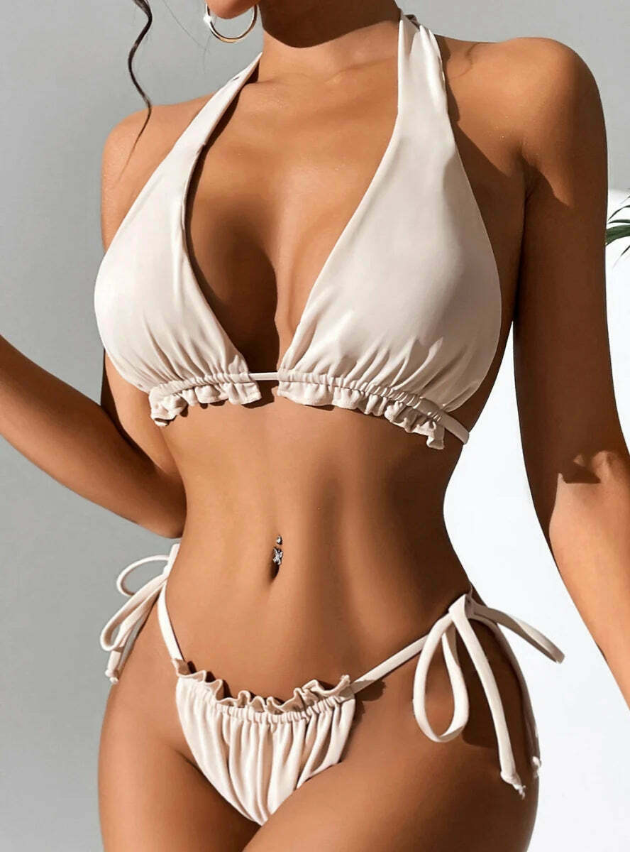 Y2K Aesthetic Solid Color Halter Bikini - Coquette Style Grunge Fashion Women's Swimwear Y2K Aesthetic Solid Color Halter Bikini - Coquette Style Grunge Fashion Women's Swimwear