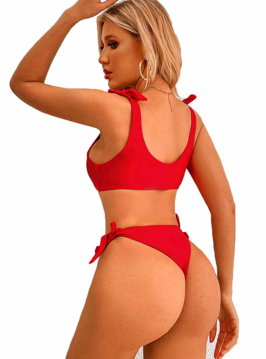 Y2K Aesthetic Solid Color High Waist Sexy Split Bikini Y2K Aesthetic Solid Color High Waist Sexy Split Bikini