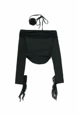 Y2K Aesthetic Solid Color Off Shoulder Curvy Hem Long Sleeve Tee for Women - Coquette & Grunge Style