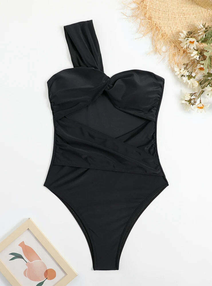 Y2K Aesthetic Solid Color One Shoulder Swimsuit - Retro Coquette Style for Women's Fashion Y2K Aesthetic Solid Color One Shoulder Swimsuit - Retro Coquette Style for Women's Fashion
