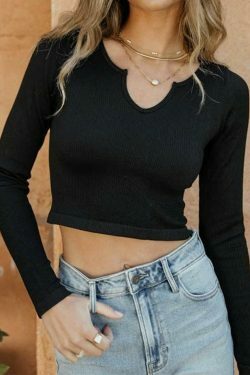 Y2K Aesthetic Solid Color Ribbed V-Neck Long Sleeve Knit Sweater