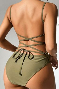 Y2K Aesthetic Solid Color Sexy Straps One-Piece Swimsuit - Women's Fashion
