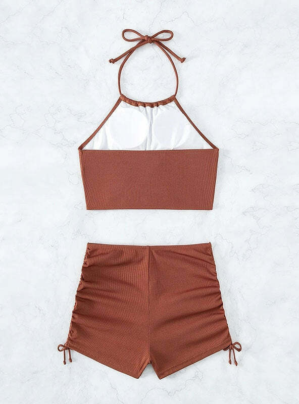 Y2K Aesthetic Solid Color Sling Halter Bikini - Retro Coquette Style for Women's Fashion Y2K Aesthetic Solid Color Sling Halter Bikini - Retro Coquette Style for Women's Fashion