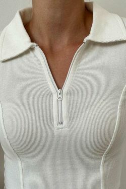 Y2K Aesthetic Solid Color Splice Zipper Lapel Neck Long Sleeve Knit Sweater