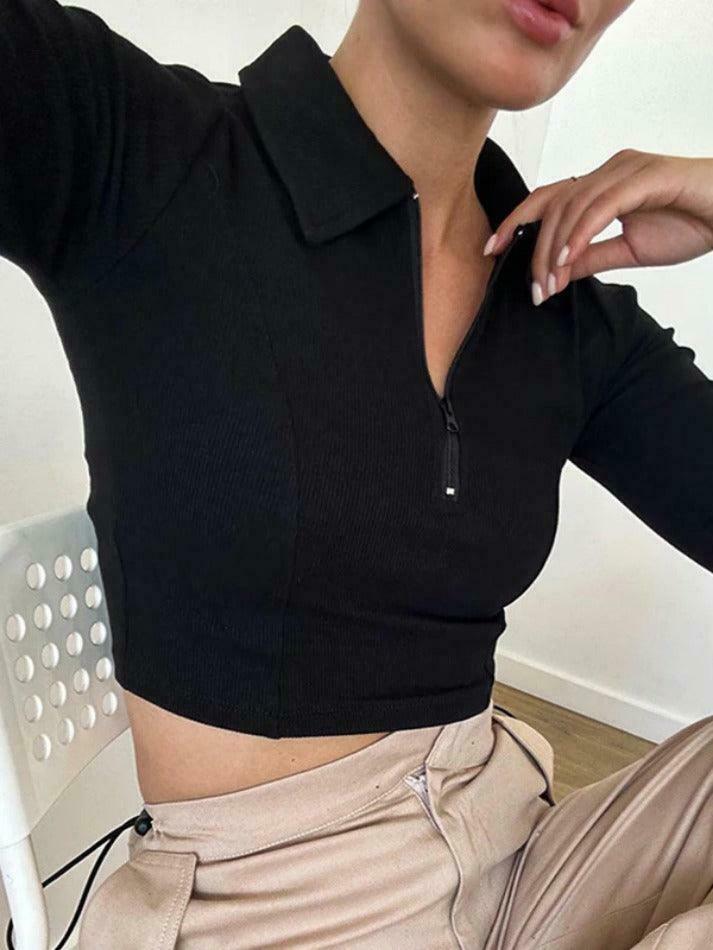 Y2K Aesthetic Solid Color Splice Zipper Lapel Neck Long Sleeve Knit Sweater Y2K Aesthetic Solid Color Splice Zipper Lapel Neck Long Sleeve Knit Sweater