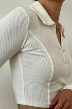 Y2K Aesthetic Solid Color Splice Zipper Lapel Neck Long Sleeve Knit Sweater