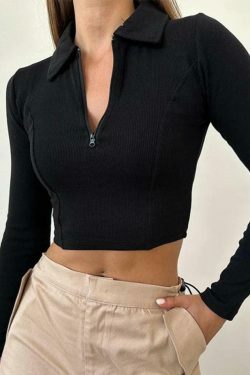 Y2K Aesthetic Solid Color Splice Zipper Lapel Neck Long Sleeve Knit Sweater