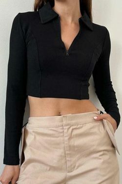 Y2K Aesthetic Solid Color Splice Zipper Lapel Neck Long Sleeve Knit Sweater