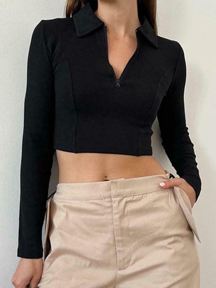 Y2K Aesthetic Solid Color Splice Zipper Lapel Neck Long Sleeve Knit Sweater Y2K Aesthetic Solid Color Splice Zipper Lapel Neck Long Sleeve Knit Sweater