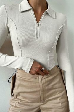 Y2K Aesthetic Solid Color Splice Zipper Lapel Neck Long Sleeve Knit Sweater