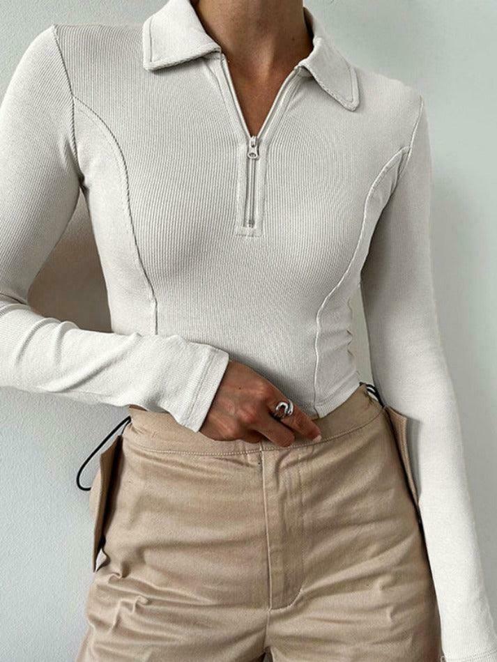Y2K Aesthetic Solid Color Splice Zipper Lapel Neck Long Sleeve Knit Sweater Y2K Aesthetic Solid Color Splice Zipper Lapel Neck Long Sleeve Knit Sweater