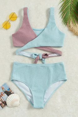 Y2K Aesthetic Solid Color Stitching Cross High Waist Swimsuit