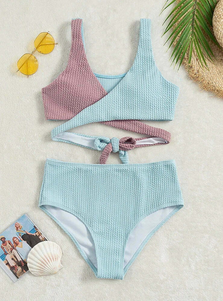 Y2K Aesthetic Solid Color Stitching Cross High Waist Swimsuit Y2K Aesthetic Solid Color Stitching Cross High Waist Swimsuit