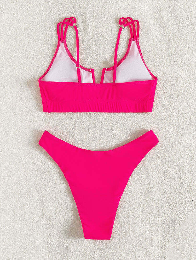 Y2K Aesthetic Solid Color V-Neck Bikini - Coquette Style for Women - Grunge & Pastel Goth Fashion