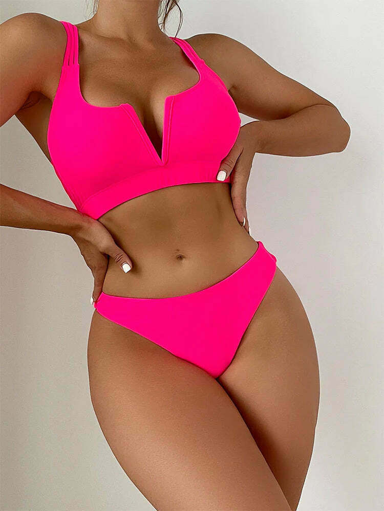 Y2K Aesthetic Solid Color V-Neck Bikini - Coquette Style for Women - Grunge & Pastel Goth Fashion