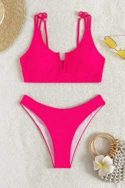 Y2K Aesthetic Solid Color V-Neck Bikini - Coquette Style for Women - Grunge & Pastel Goth Fashion