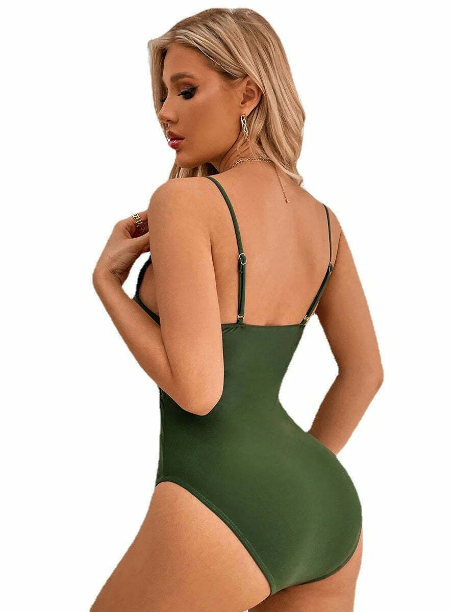 Y2K Aesthetic Solid Color V-Neck Sling Sexy One-Piece Swimsuit