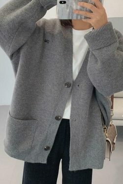 Y2K Aesthetic Solid Color V Neck Loose Cardigan - Coquette Style Grunge Fashion Women's Sweater