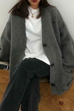 Y2K Aesthetic Solid Color V Neck Loose Cardigan - Coquette Style Grunge Fashion Women's Sweater