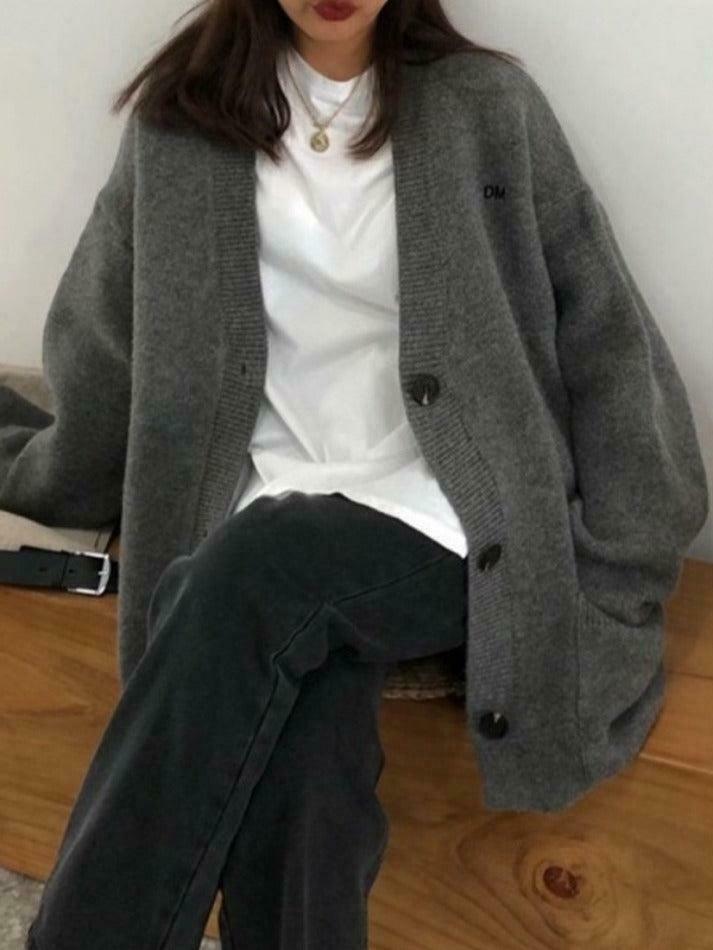 Y2K Aesthetic Solid Color V Neck Loose Cardigan - Coquette Style Grunge Fashion Women's Sweater