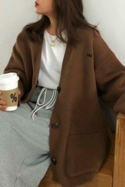 Y2K Aesthetic Solid Color V Neck Loose Cardigan - Coquette Style Grunge Fashion Women's Sweater