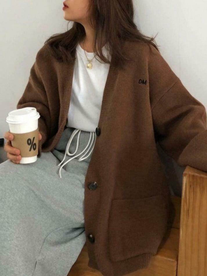 Y2K Aesthetic Solid Color V Neck Loose Cardigan - Coquette Style Grunge Fashion Women's Sweater