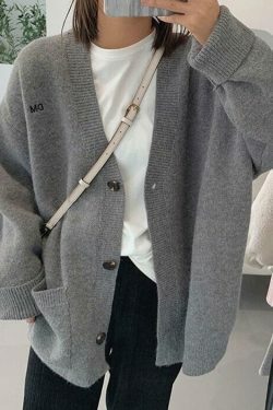 Y2K Aesthetic Solid Color V Neck Loose Cardigan - Coquette Style Grunge Fashion Women's Sweater