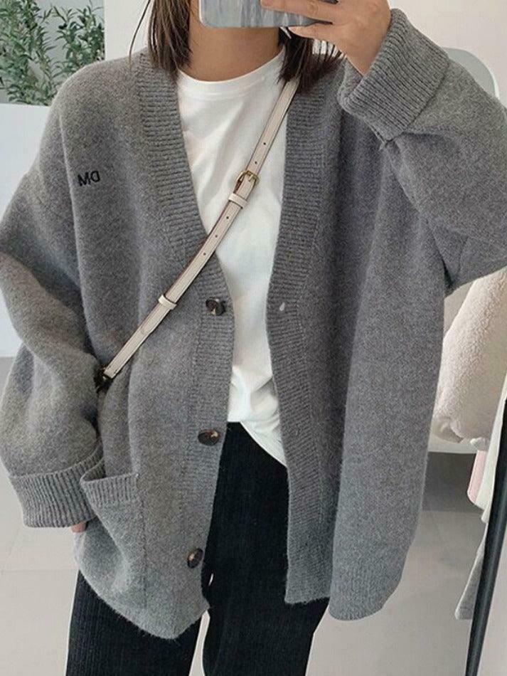 Y2K Aesthetic Solid Color V Neck Loose Cardigan - Coquette Style Grunge Fashion Women's Sweater