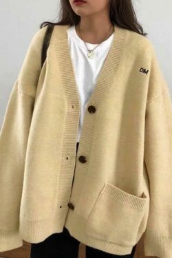 Y2K Aesthetic Solid Color V Neck Loose Cardigan - Coquette Style Grunge Fashion Women's Sweater