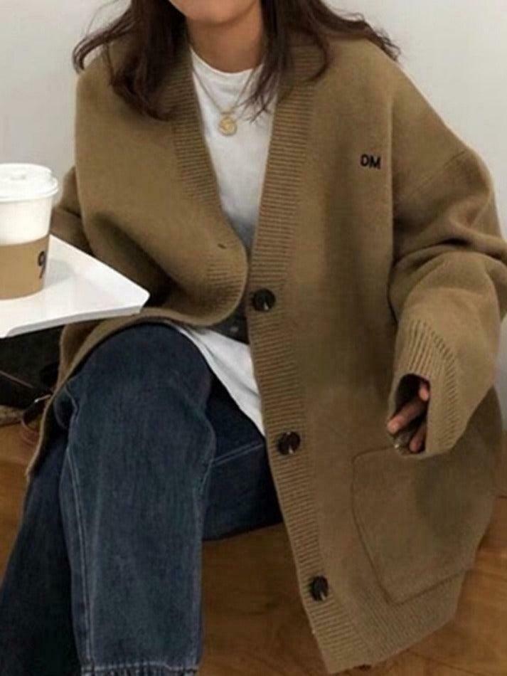 Y2K Aesthetic Solid Color V Neck Loose Cardigan - Coquette Style Grunge Fashion Women's Sweater