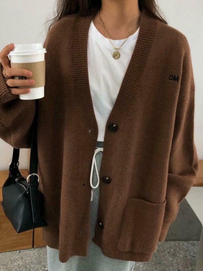 Y2K Aesthetic Solid Color V Neck Loose Cardigan - Coquette Style Grunge Fashion Women's Sweater