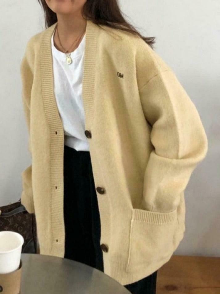 Y2K Aesthetic Solid Color V Neck Loose Cardigan - Coquette Style Grunge Fashion Women's Sweater