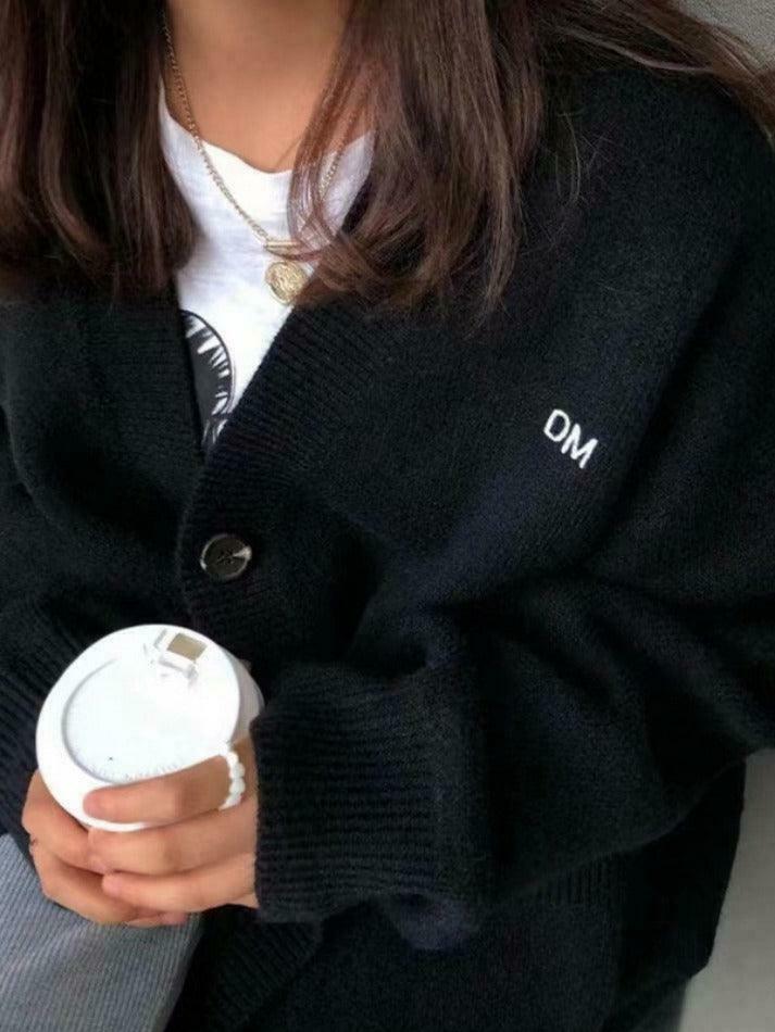 Y2K Aesthetic Solid Color V Neck Loose Cardigan - Coquette Style Grunge Fashion Women's Sweater