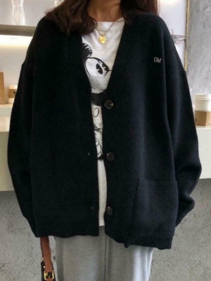 Y2K Aesthetic Solid Color V Neck Loose Cardigan - Coquette Style Grunge Fashion Women's Sweater