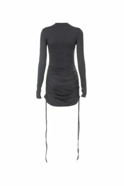 Y2K Aesthetic Solid Crew Neck Drawstring Shirred Mini Dress - Coquette Style Grunge Fashion