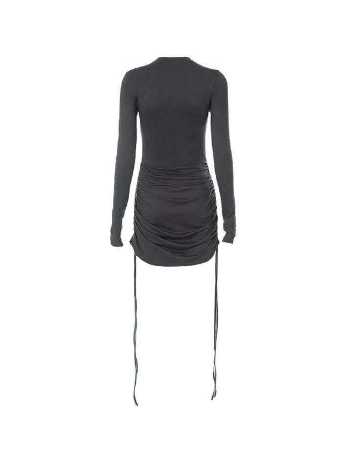 Y2K Aesthetic Solid Crew Neck Drawstring Shirred Mini Dress - Coquette Style Grunge Fashion