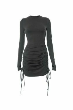 Y2K Aesthetic Solid Crew Neck Drawstring Shirred Mini Dress - Coquette Style Grunge Fashion