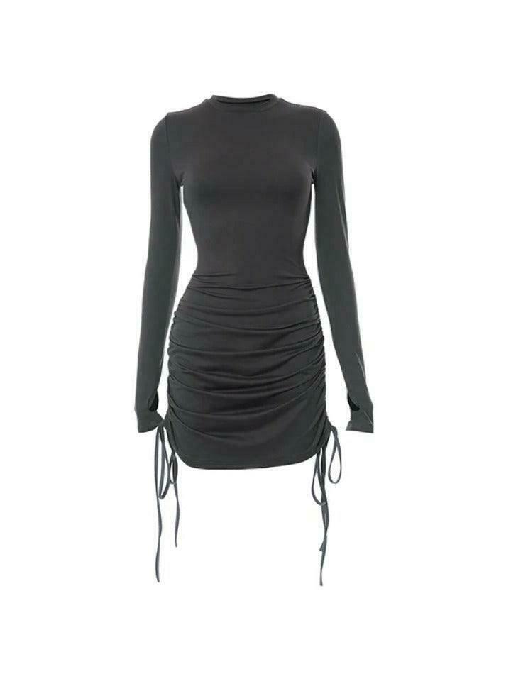 Y2K Aesthetic Solid Crew Neck Drawstring Shirred Mini Dress - Coquette Style Grunge Fashion
