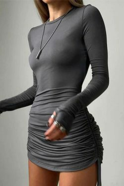 Y2K Aesthetic Solid Crew Neck Drawstring Shirred Mini Dress - Coquette Style Grunge Fashion