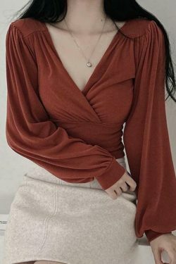 Y2K Aesthetic Solid Crossover Ruched Lantern Sleeve Long Sleeve Tee