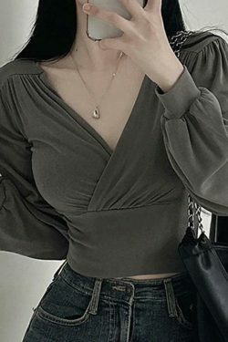 Y2K Aesthetic Solid Crossover Ruched Lantern Sleeve Long Sleeve Tee