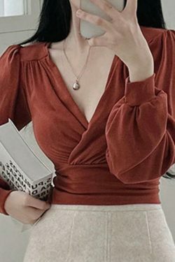 Y2K Aesthetic Solid Crossover Ruched Lantern Sleeve Long Sleeve Tee