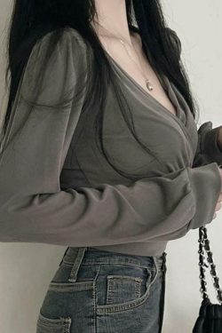 Y2K Aesthetic Solid Crossover Ruched Lantern Sleeve Long Sleeve Tee