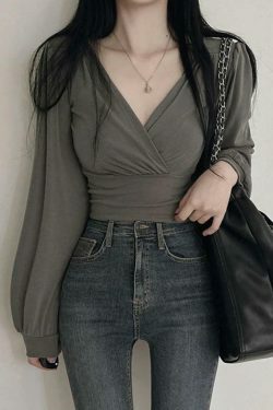 Y2K Aesthetic Solid Crossover Ruched Lantern Sleeve Long Sleeve Tee