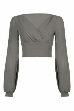 Y2K Aesthetic Solid Crossover Ruched Lantern Sleeve Long Sleeve Tee