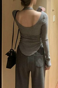 Y2K Aesthetic Solid Halter Backless Curvy Hem Long Sleeve Knit Top for Women