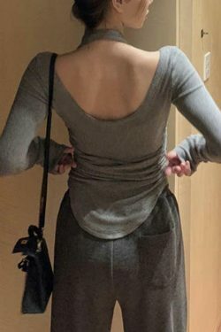 Y2K Aesthetic Solid Halter Backless Curvy Hem Long Sleeve Knit Top for Women