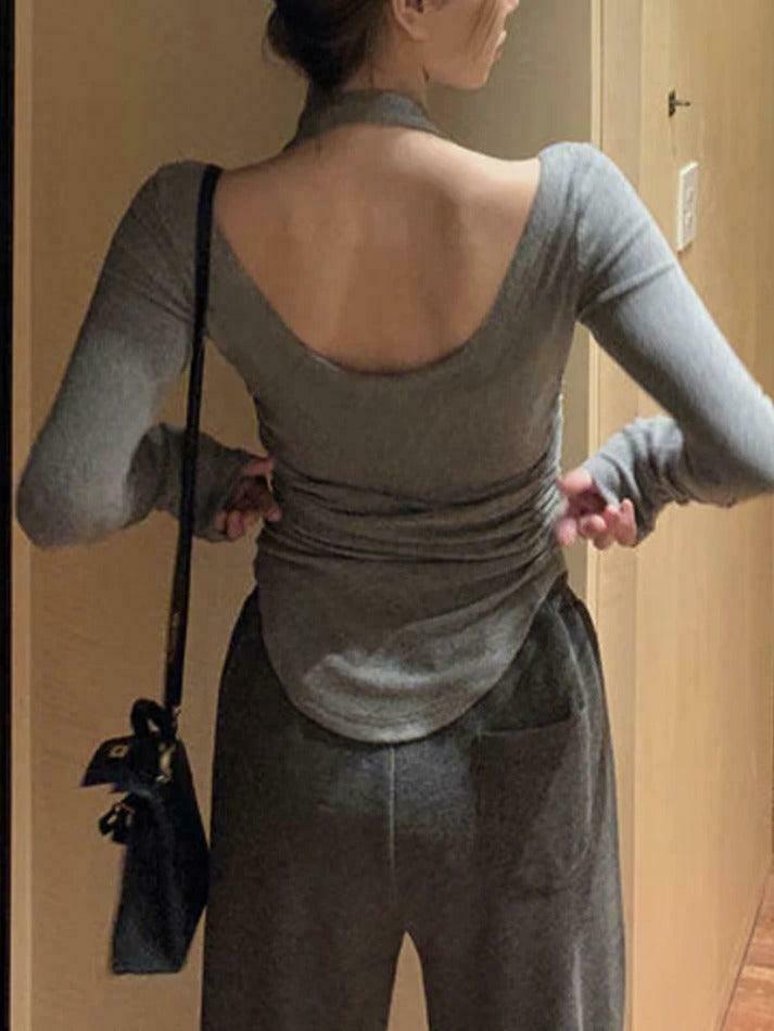 Y2K Aesthetic Solid Halter Backless Curvy Hem Long Sleeve Knit Top for Women Y2K Aesthetic Solid Halter Backless Curvy Hem Long Sleeve Knit Top for Women