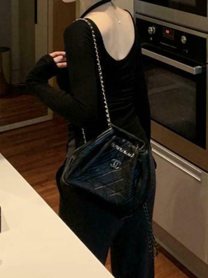 Y2K Aesthetic Solid Halter Backless Curvy Hem Long Sleeve Knit Top for Women Y2K Aesthetic Solid Halter Backless Curvy Hem Long Sleeve Knit Top for Women